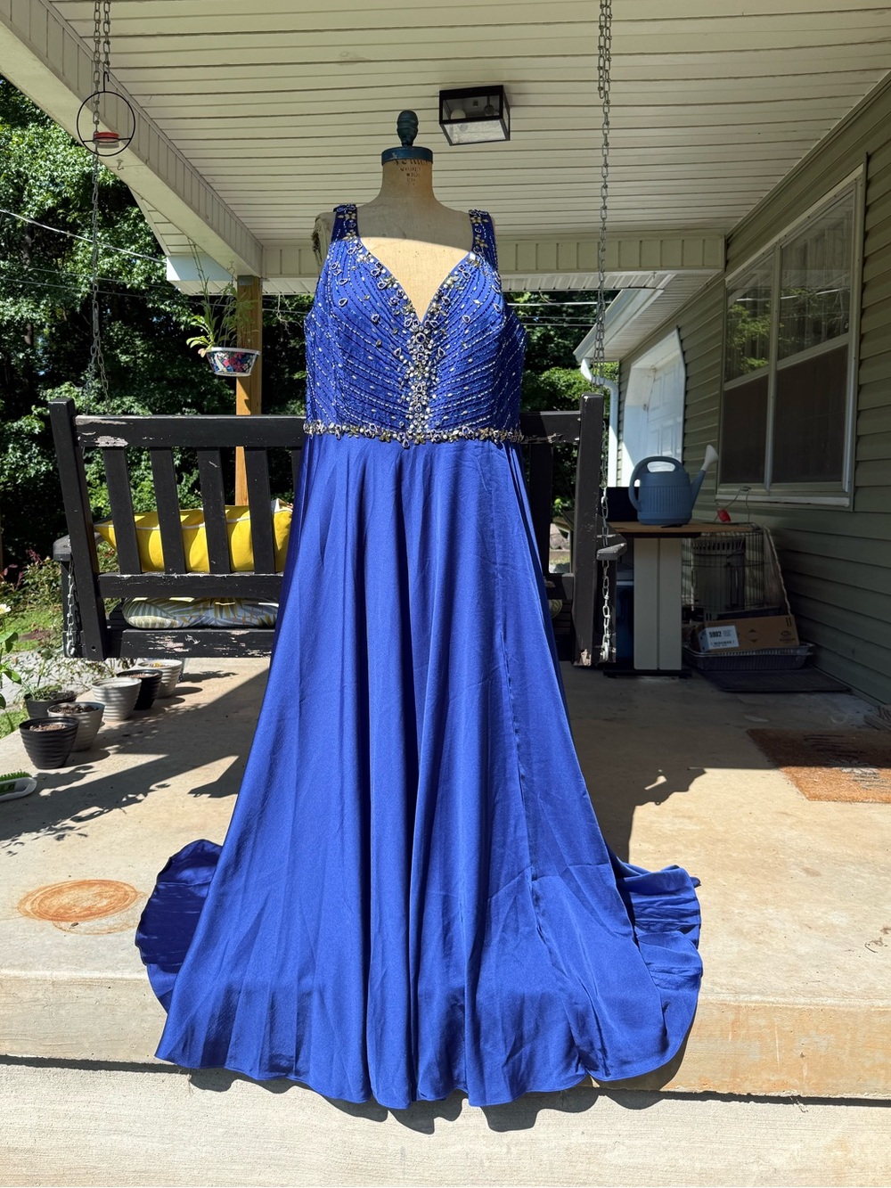 Mac Duggal Cobalt Blue Beaded V-Neck Prom Gown